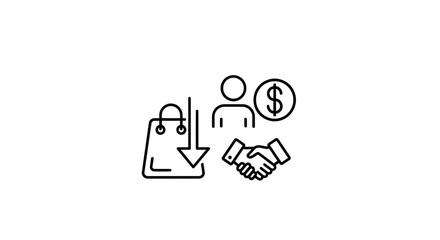Obraz premium Shopping bag with down arrow, person icon, dollar sign, and handshake icon, representing commerce and deal.