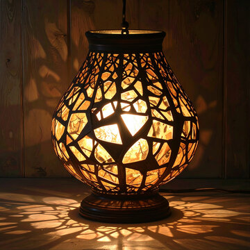 Decorative Moroccan style metal lantern with warm glowing light.