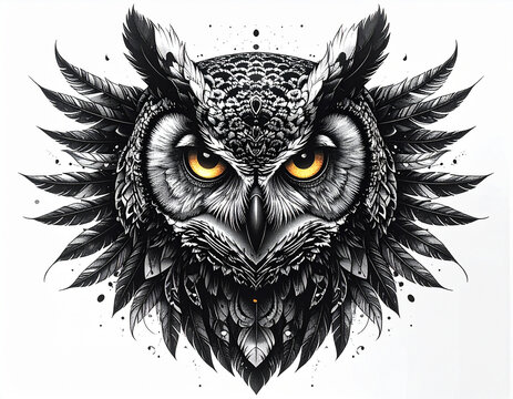 Detailed Artistic Illustration of a Majestic Owl Face.