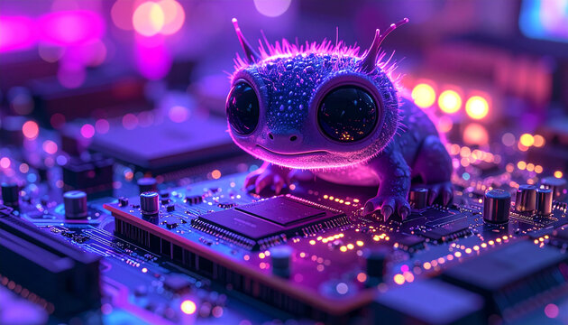 Cute glowing alien creature sitting on a futuristic computer motherboard.