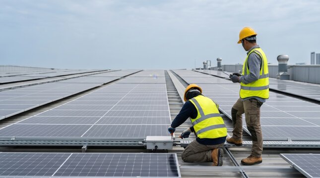 Male technicians installing solar panels on commercial flat roof working in high visibility safety vests and hard hats renewable energy production green power generation