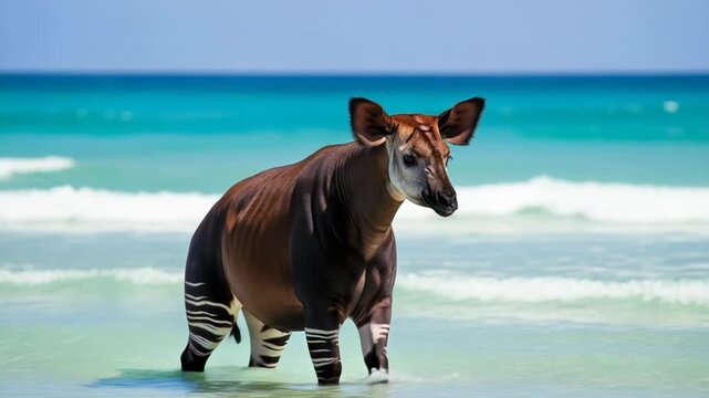 Okapi walking through shallow tropical ocean water