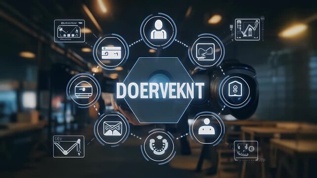 A futuristic display showcases the concept 'DOERVEKNT' surrounded by interconnected icons representing various business and technological functions.
