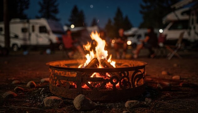 Cozy gathering around a metal fire pit flames flickering in sharp focus while campers and RVs fade into a gentle outoffocus background.
