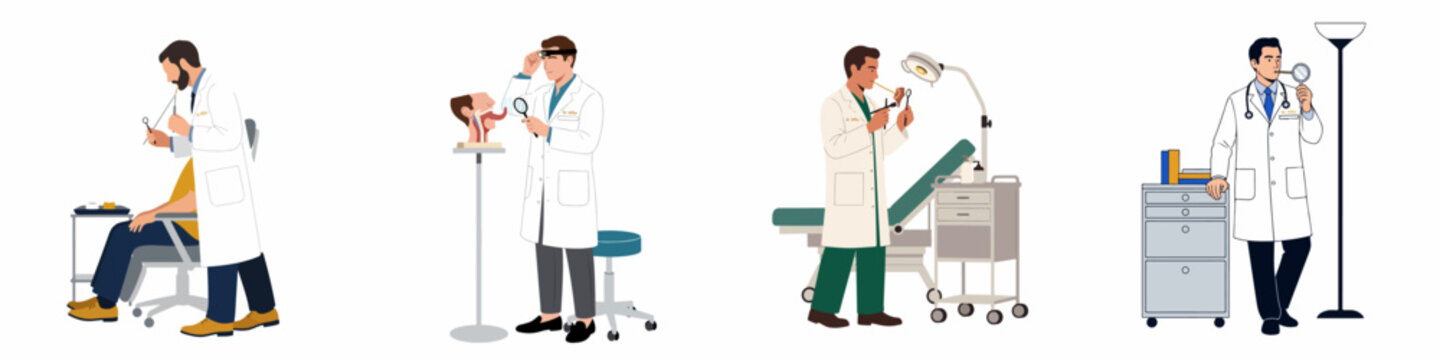 Collection of illustrations featuring otolaryngologists or ENT specialists conducting various medical examinations and consultations in a clinical healthcare environment.