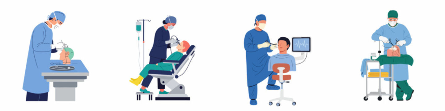 Vector illustration set of surgeons performing various facial, eye, nasal, and head surgeries on patients in a professional clinical environment.