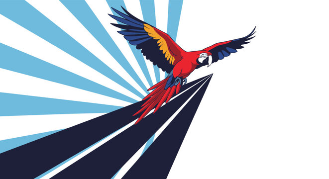 Scarlet macaw parrot flies dynamically across a vibrant blue and white sunburst background in a bold and energetic composition.