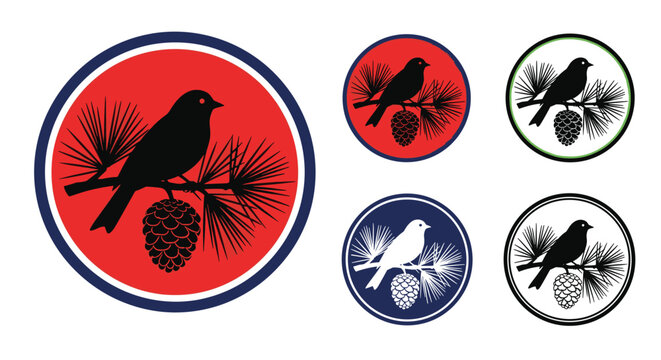 Minimalist bird silhouette perched on a pine branch with a single pinecone is shown in various color palettes inside circular emblems.
