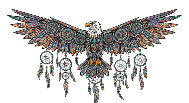 Powerful eagle with outspread wings is decorated with intricate mandalas and dreamcatchers featuring feathers and beads in tribal style.