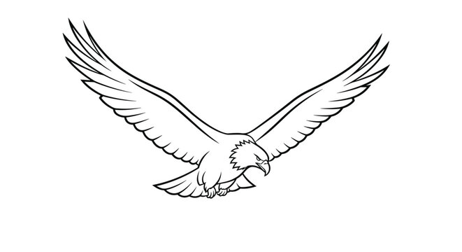 Majestic eagle is captured in a minimalist black and white line art style as it soars through the air with its powerful wings wide open.