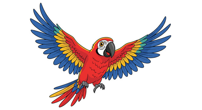 Colorful scarlet macaw parrot is illustrated in full flight with its wings spread wide to reveal bright red yellow and blue feathers.