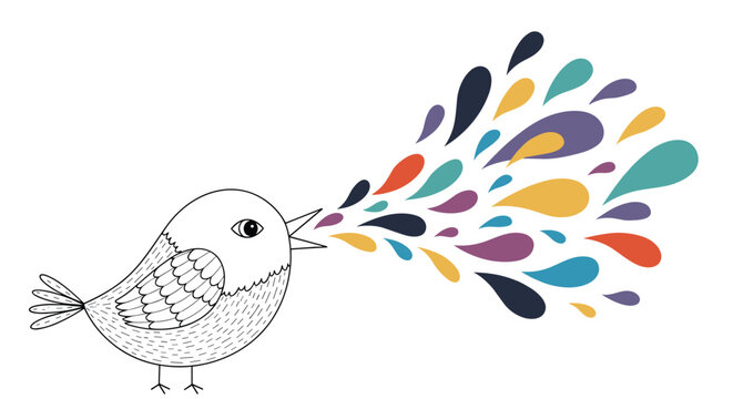 Creative line drawing depicts a small bird singing with vibrant multicolored water droplets or notes flowing out from its open beak.