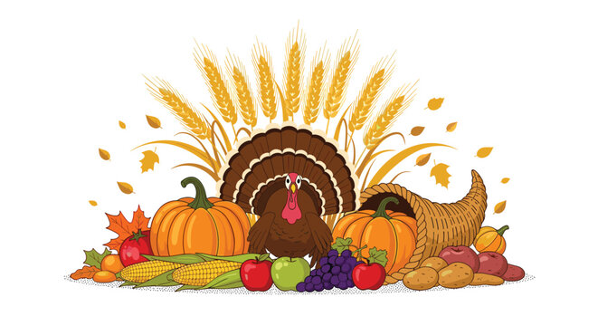 Traditional Thanksgiving scene displays a proud turkey surrounded by a cornucopia pumpkins wheat stalks and a variety of autumn harvest fruits.