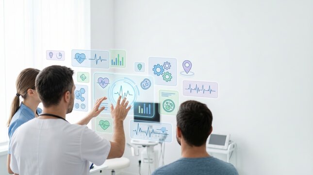 Future healthcare technology holographic interface medical diagnosis concept doctor and patient interaction with smart health dashboard digital medicine icons floating in air