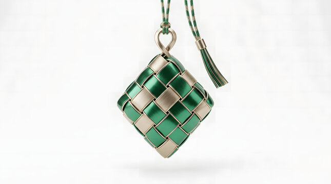 A luxury sculptural ketupat in woven emerald and champagne metallic finish, hanging elegantly with a green-gold tassel on white background.