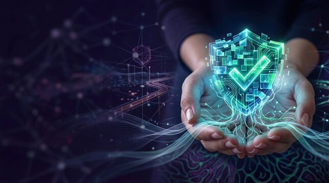 Digital cybersecurity concept glowing blue shield with green checkmark in hands holographic protection
