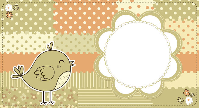Charming patchwork background with a cute small bird and a scalloped white frame for photos or text in soft pastel nursery colors.