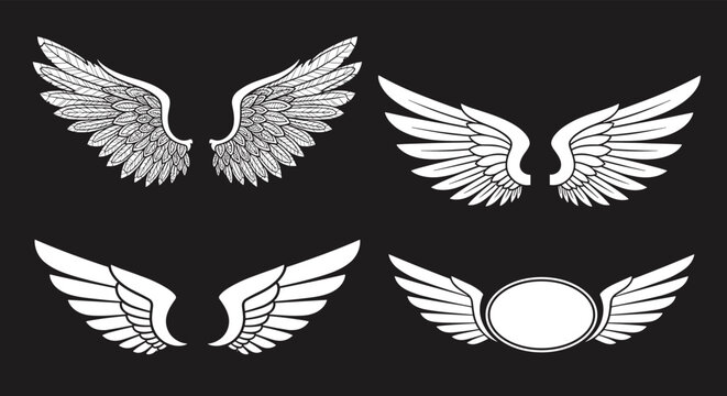 Collection of four different white wing designs shown on a solid black background for tattoo or logo inspiration and graphic use.
