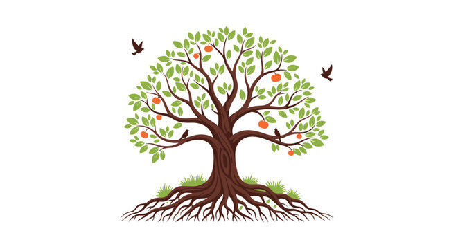 Large old tree with deep roots and birds perched on leafy branches bearing orange fruit against a clean white background for a logo.