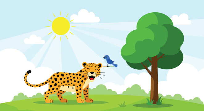 Happy cartoon leopard walking in a sunny landscape with a small blue bird perched on a branch under a green tree on a bright day.