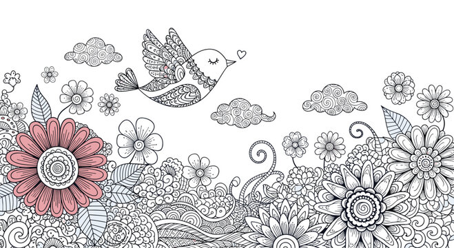 Intricate coloring page illustration displays a stylized bird flying over a dense garden of doodle flowers and swirling patterns under clouds.