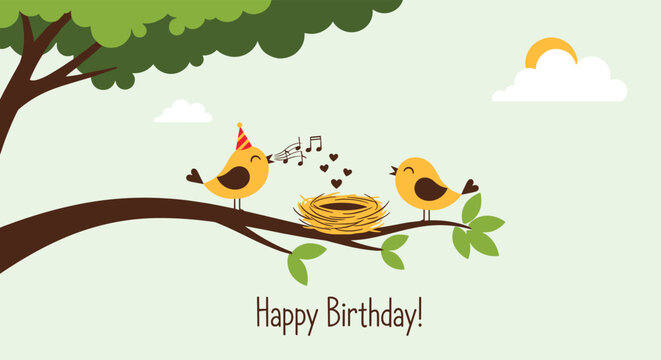 Birthday greeting illustration shows two cute yellow birds on a tree branch with a nest, hearts, and musical notes in a park.