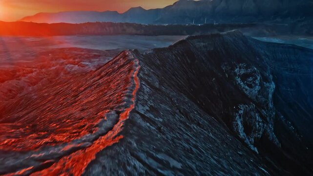 Aerial view of flowing lava and volcanic rock formations at sunset