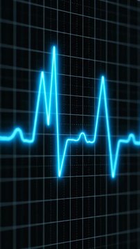 Neon blue ekg heartbeat graphic against black grid background