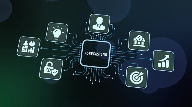 Business FORECASTING digital ecosystem interface. Central technology connecting data predictions growth innovation and financial trends. Modern motion graphics