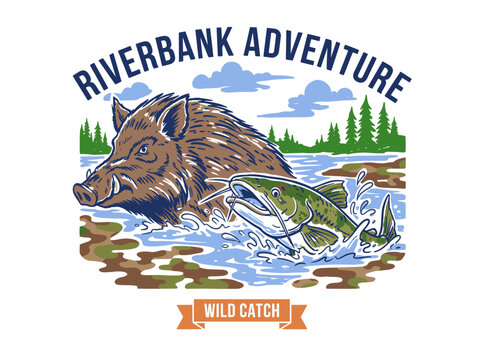 Riverbank adventure wild boar. Fish vintage artwork. Wild catch outdoor design. Forest animal graphic print. Retro nature sticker.