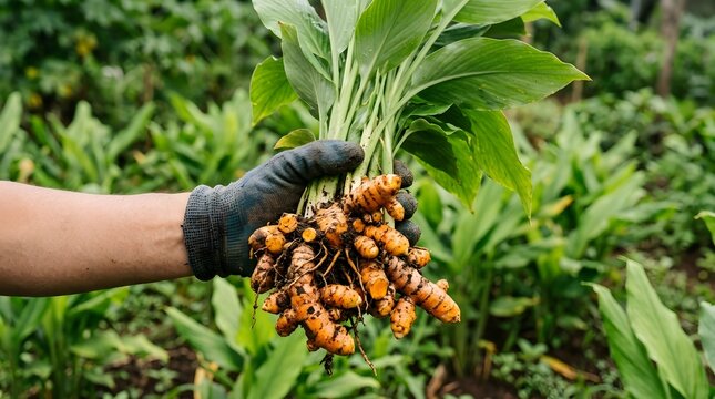 Freshly harvested turmeric roots with green foliage in a farmer's hand