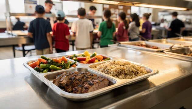 Middle school lunch service line with a focused tray featuring balanced portions of vegetables proteins and grains students and staff softly blurred behind.
