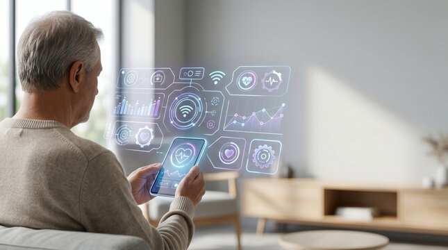 Elderly man using tablet with futuristic holographic interface monitoring health data at home senior citizen managing medical chart remotely modern telemedicine technology for