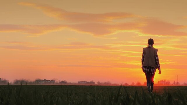 Woman farmer walking across green wheat field at sunset agricultural scene.
