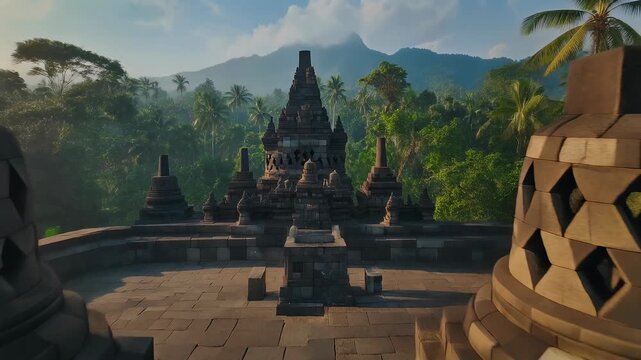 A stunning view of Borobudur temple complex nestled within lush greenery and framed by distant mountains at dawn.