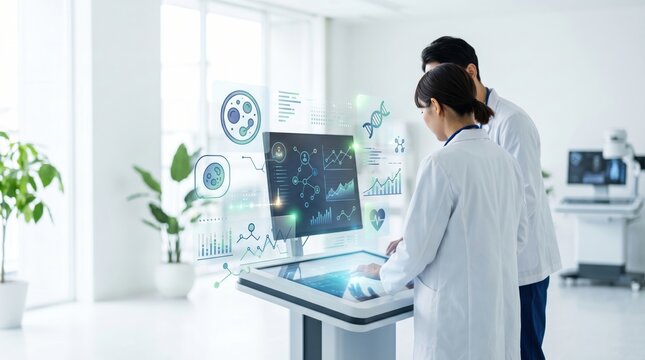 Future healthcare technology digital medicine concept scientists researching genetic data holographic display laboratory work biotechnology innovation screen interface with