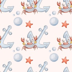 Nautical Seamless Pattern with Cute Crabs, Anchors, Starfish and Bubbles on Pink Background © Marina