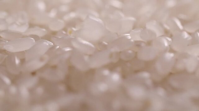 Raw white rice grains falling close up slow motion.