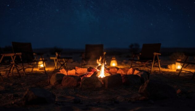 Warm embers flickering in a firepit surrounded by blurred silhouettes of low chairs and lanterns desert night sky filled with twinkling stars softly out of focus.