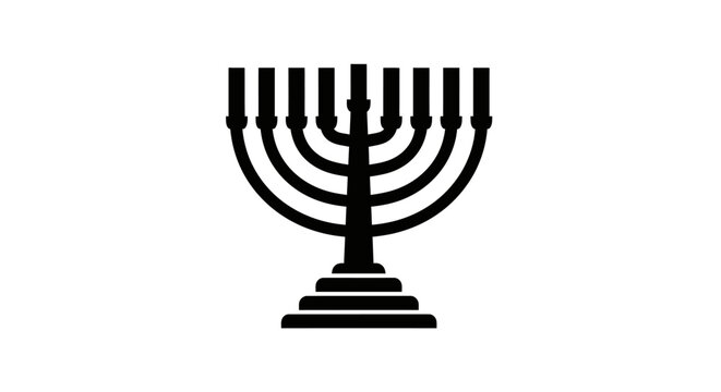 Black Menorah Silhouette on White Background, Symbol of Judaism.