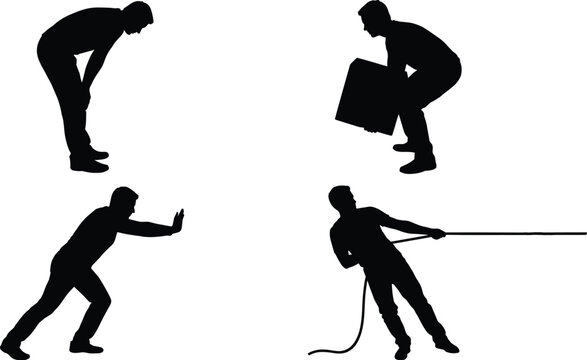 Black vector silhouette set illustration of a strong man lifting a heavy box pushing and pulling rope on white background