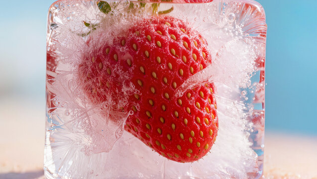 Two Fresh Strawberries Frozen in Crystal Clear Ice Cube Macro, Summer Berry in Ice Block Blue Sky Background