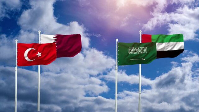 Turkish and Middle Eastern Flags Waving Gracefully Under a Cloudy Sky