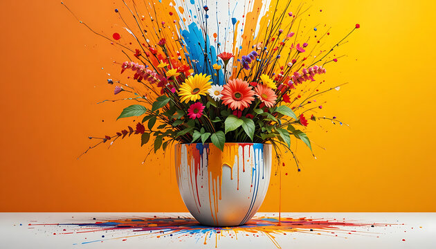 Colorful flower arrangement in paint-splattered vase, on white table against orange background, colorful flowers