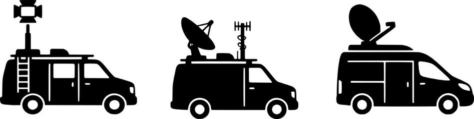 Three black silhouette vans with various broadcasting equipment on top for live transmission, satellite broadcasting, and checkered flag signal. © Sarfaraz