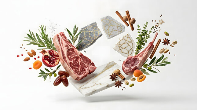 A dramatic floating composition of raw lamb cuts, pomegranate, dates, fresh herbs, spices, and kintsugi marble slabs arranged in a dynamic mid-air tableau.