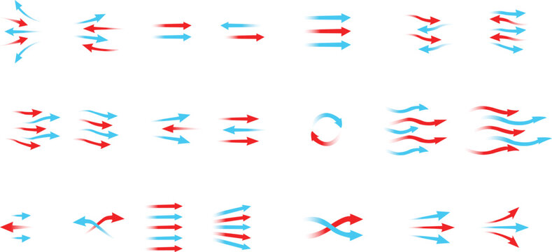 Abstract Airflow Direction Arrows Set - Blue and Red Vector Air Ventilation Icons
