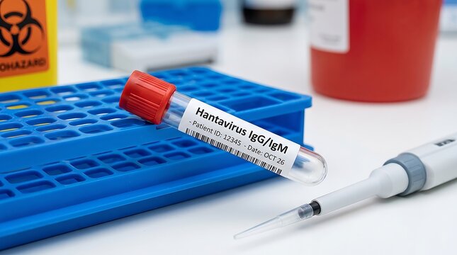 A medical laboratory setting with a test tube labeled Hantavirus IgG/IgM resting on a blue rack. A pipette is positioned nearby, with biohazard and medical waste containers in the background.