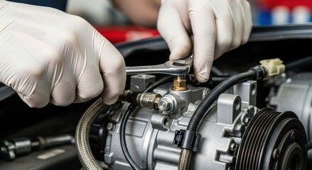 Fototapeta premium Mechanic wearing gloves tightens bolt on car engine with wrench