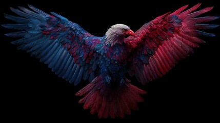 Obraz premium Bald eagle with outstretched wings in red and blue colors, symbolizing patriotism, detailed feathers against a dark background, showcasing dramatic lighting and intricate textures